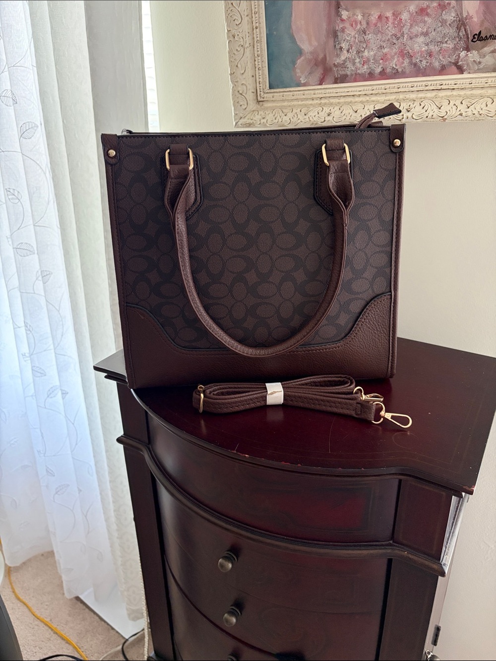 Dark Brown Patterned Tote Bag with Shoulder Strap